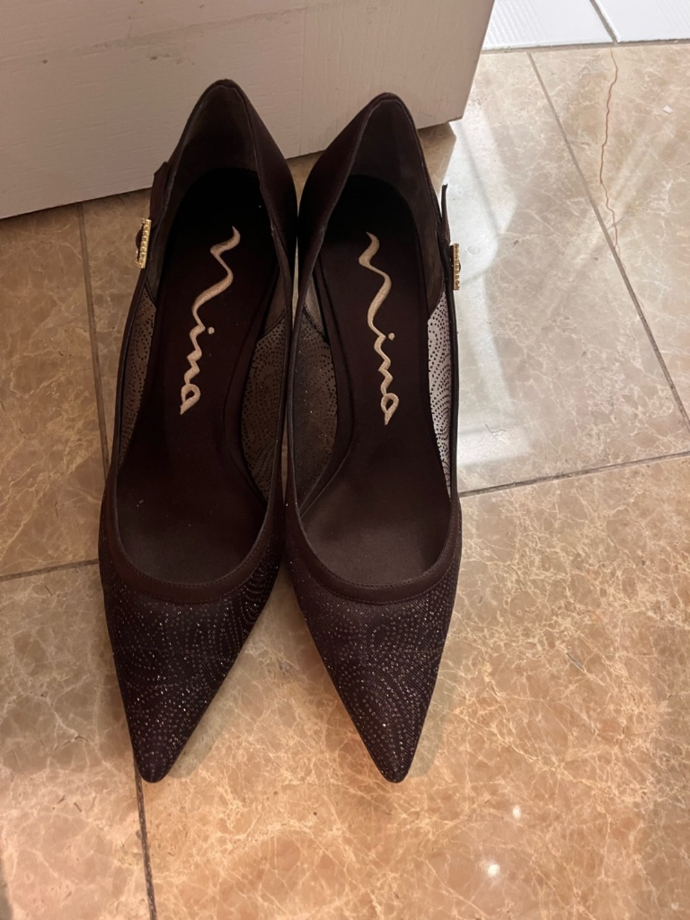 Nina brown dressy  Pointed Mesh Pump with Gold Buckle - Nina